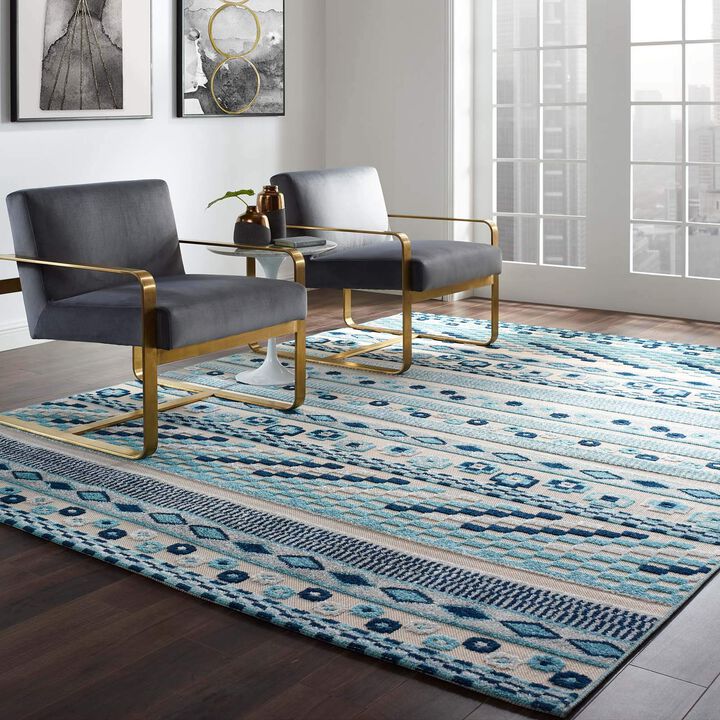Reflect Cadhla Vintage Abstract Geometric Lattice 8x10 Indoor and Outdoor Area Rug - Ivory and Blue