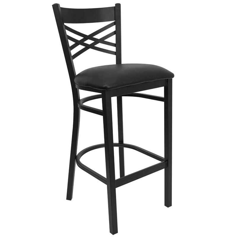 Flash Furniture HERCULES Series Black ''X'' Back Metal Restaurant Barstool - Cherry Wood Seat