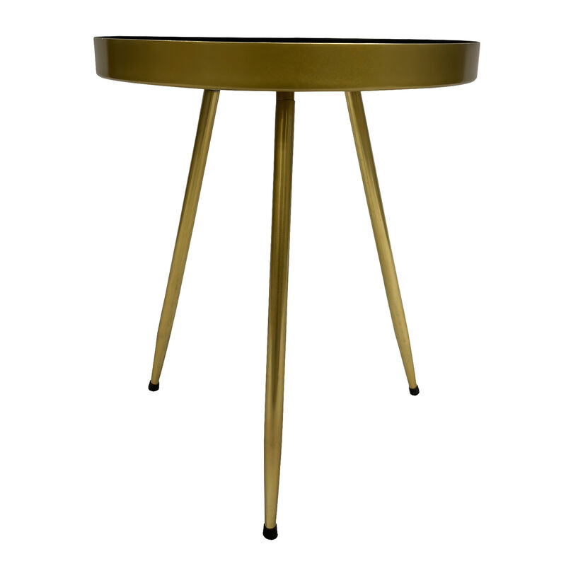 Enid 19 Inch Side End Table, Iron Brass Plating, Black Matte Top, Modern Sleek Angled Legs