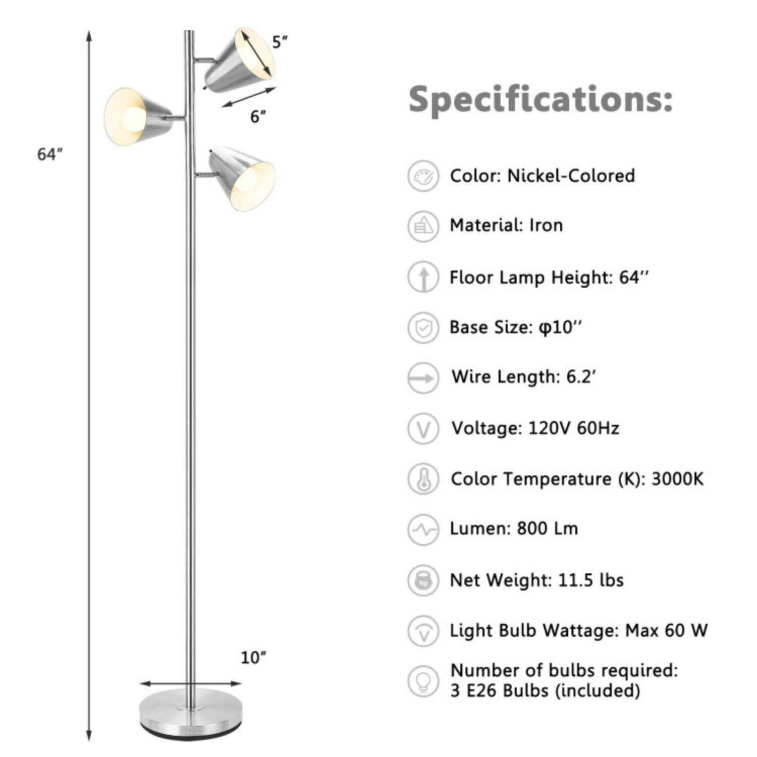 Hivvago 64 Inch 3 Light LED Floor Lamp Reading Light for Living