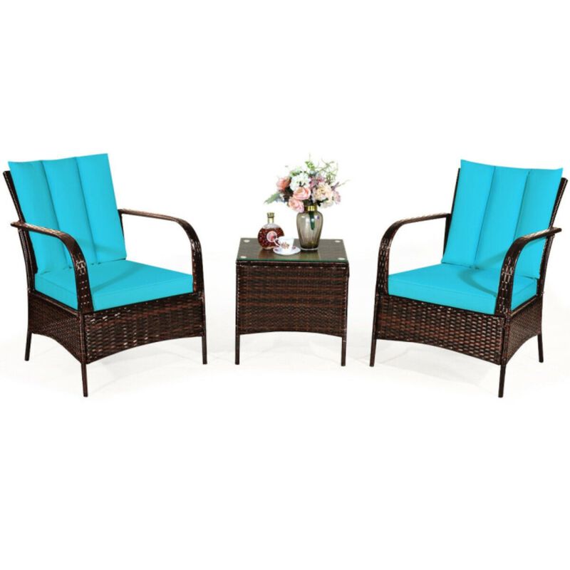 3 Pcs Patio Conversation Rattan Furniture Set with Glass Top Coffee Table and Cushions