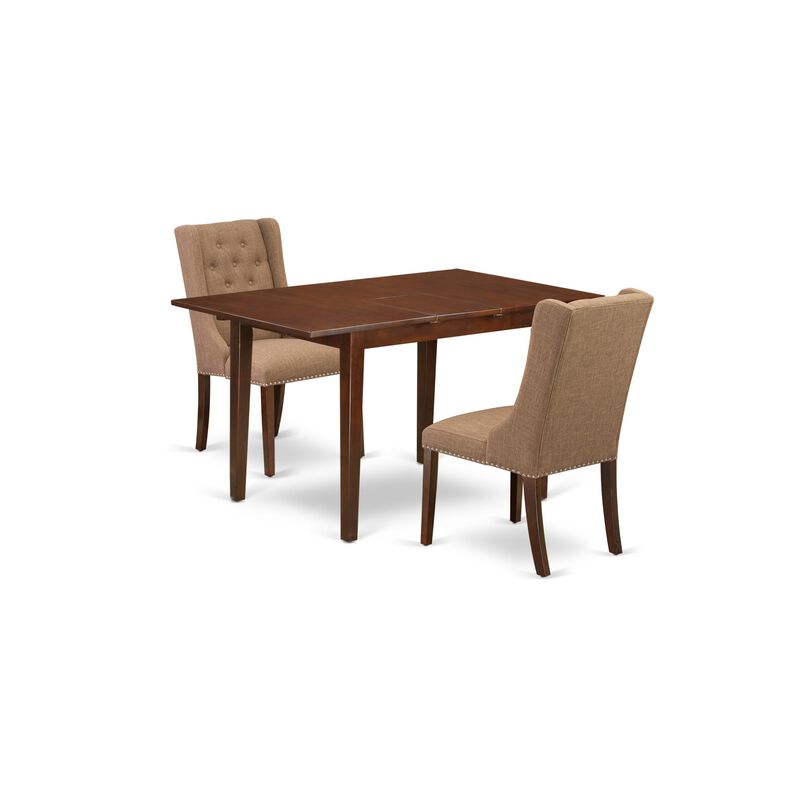 East West Furniture East West Furniture PSFO3-MAH-47 3-Piece Dining Table Set Includes 1 Picasso Butterfly Leaf Kitchen Dining Table and 2 Light Sable Linen Fabric Dining Chair with Button Tufted Back - Mahogany Finish