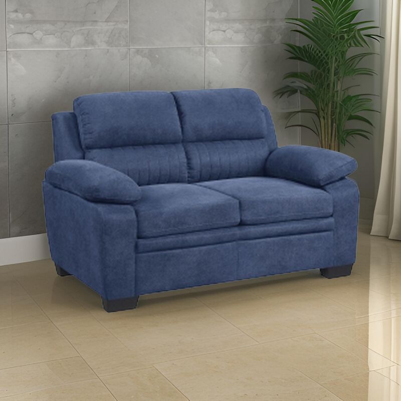 Hugh 58 Inch Loveseat, Blue Fabric, Pillow Armrests, Channel Tufted Back - Benzara