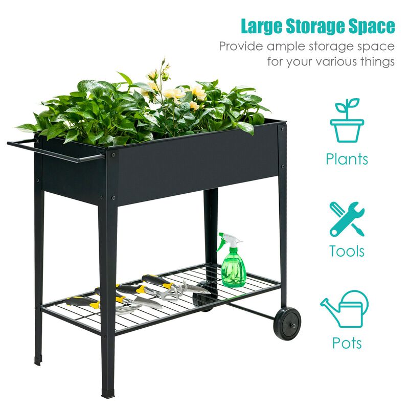 Raised Garden Bed Elevated Planter Box on Wheels Steel Planter with Shelf-Black