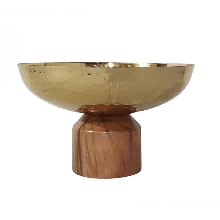 Roe 10 Inch Medium Acacia Wood Table Bowl, Steel, Decorative, Gold, Brown - Benzara