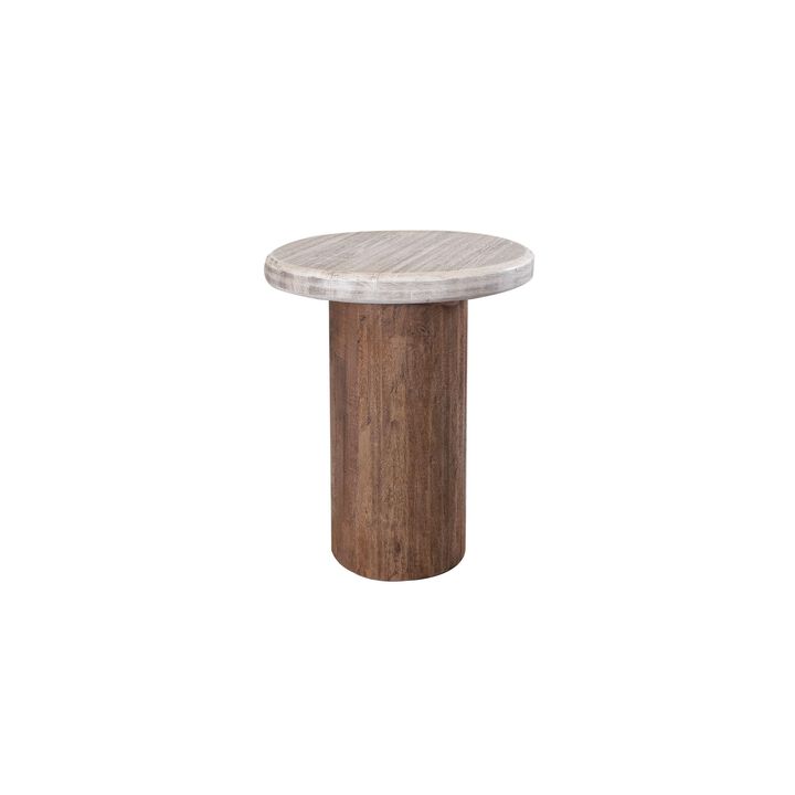 Benjara Kohl 26 Inch Side End Table, Mango Wood, Drum Base, Floated Top, Cream and Brown
