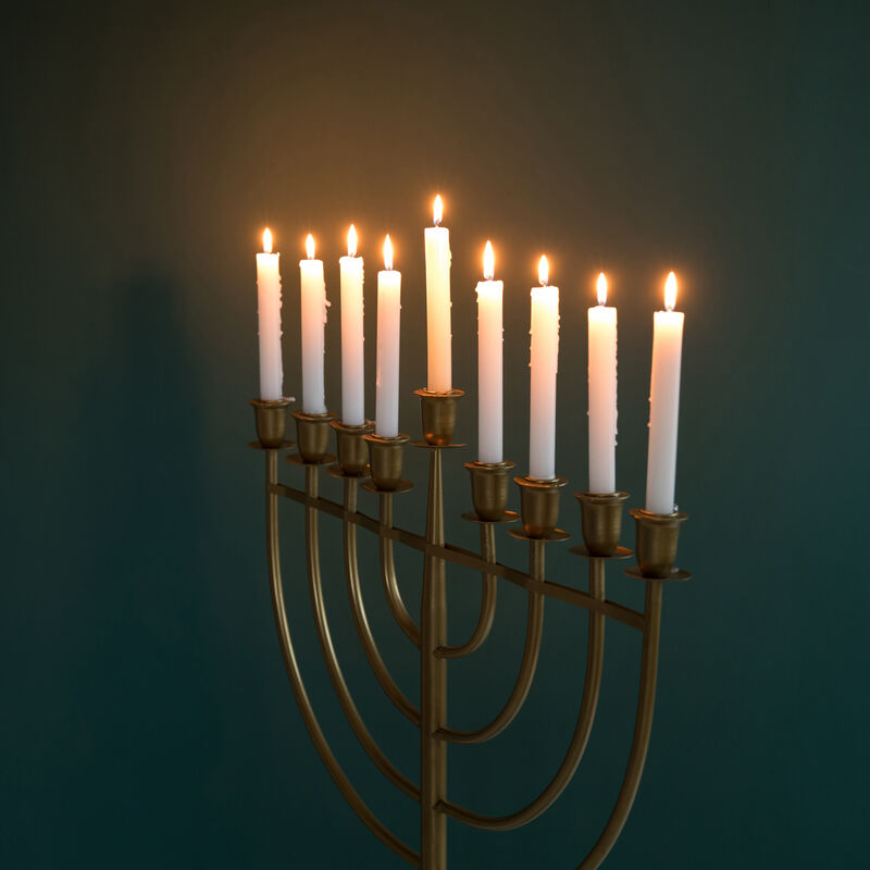 Modern Solid Metal Judaica Hanukkah Menorah 9 Branched Candelabra, Gold Medium