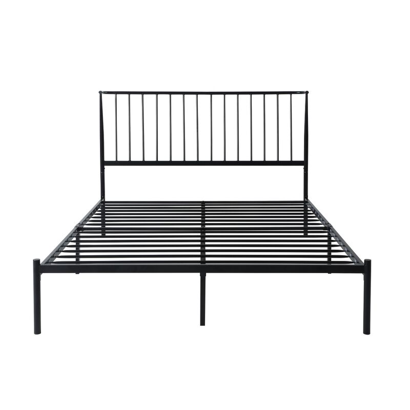 Angie Queen Bed, Platform Foundation, Slatted Headboard, Black Metal Frame - Benzara