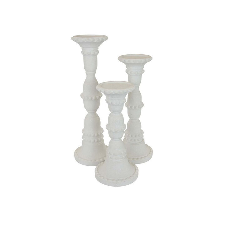 Accent Candle Holder Set of 3, Tall Pillars, Heavy Base, White Resin - Benzara