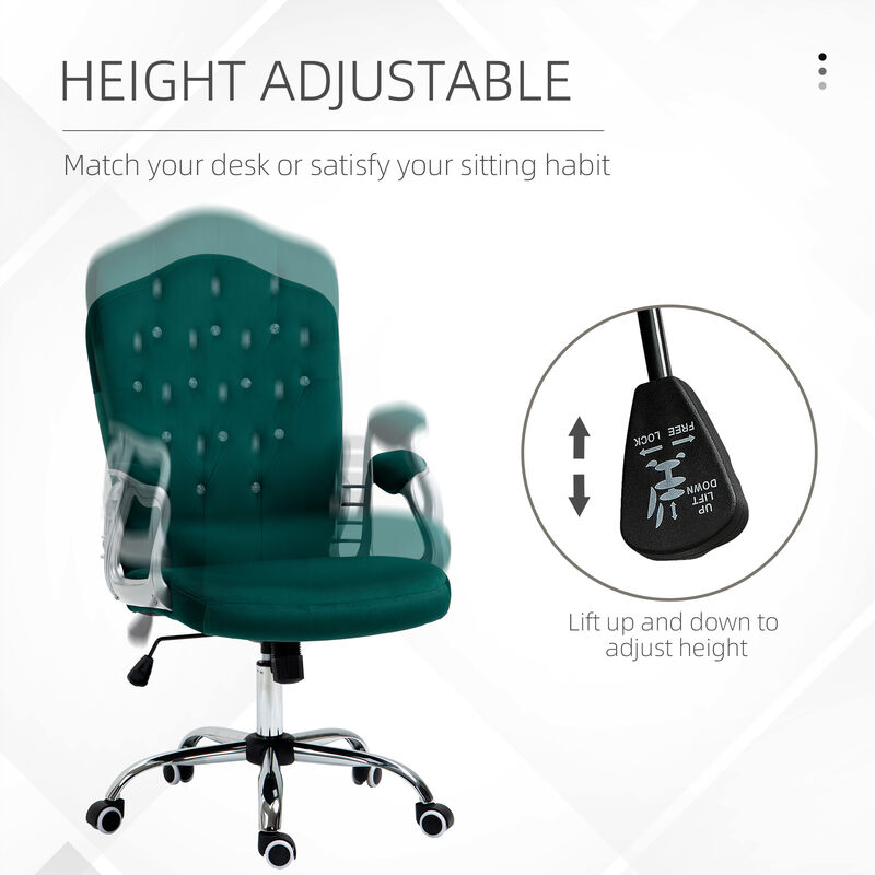 Vinsetto Home Office Chair, Velvet Computer Chair, Button Tufted Desk Chair with Swivel Wheels, Adjustable Height, and Tilt Function, Dark Green