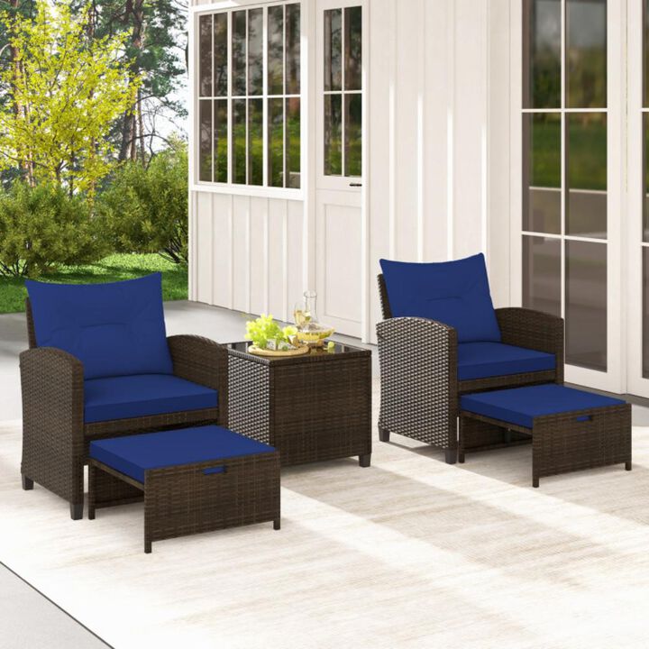 Hivvago 5 Pieces Patio Rattan Furniture with 2 Ottomans and Tempered Glass Coffee Table