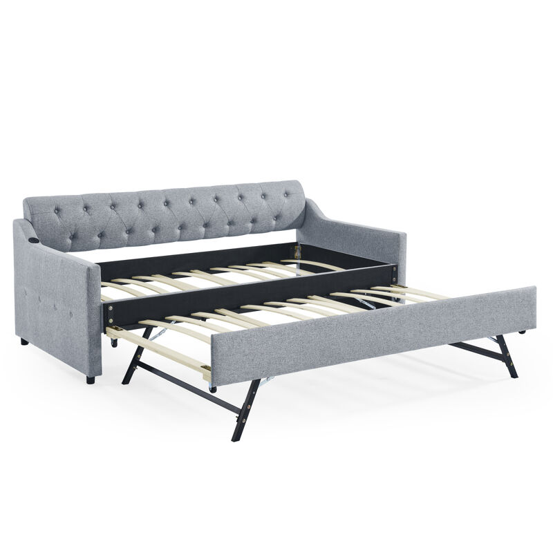 Twin Size Upholstery Day Bed with Twin Size Erectable Trundle and USB Charging Design, Linen Grey