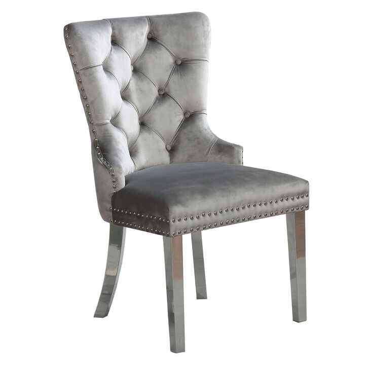 24 Inch Dining Side Chair Set of 2, Tufted Silver Gray Fabric, Chrome legs - Benzara