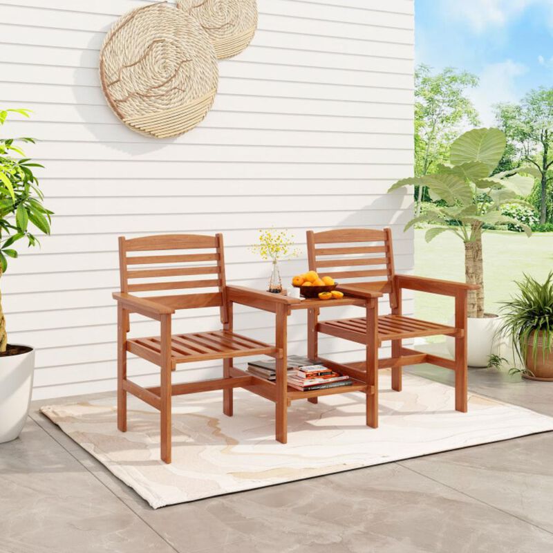 Hivvago Outdoor Patio Wood 2-Seat Conversation Set with Coffee Table and Umbrella Hole