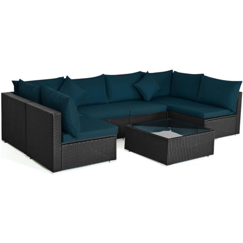 Hivvago 7 Pieces Sectional Wicker Furniture Sofa Set with Tempered Glass Top Coffee Table