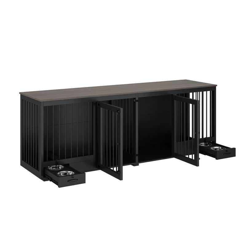 Black Large Furniture Style Dog Crate with Dog Feeding Area, Large Dog Crate with Removable Irons for 2 Medium Dogs