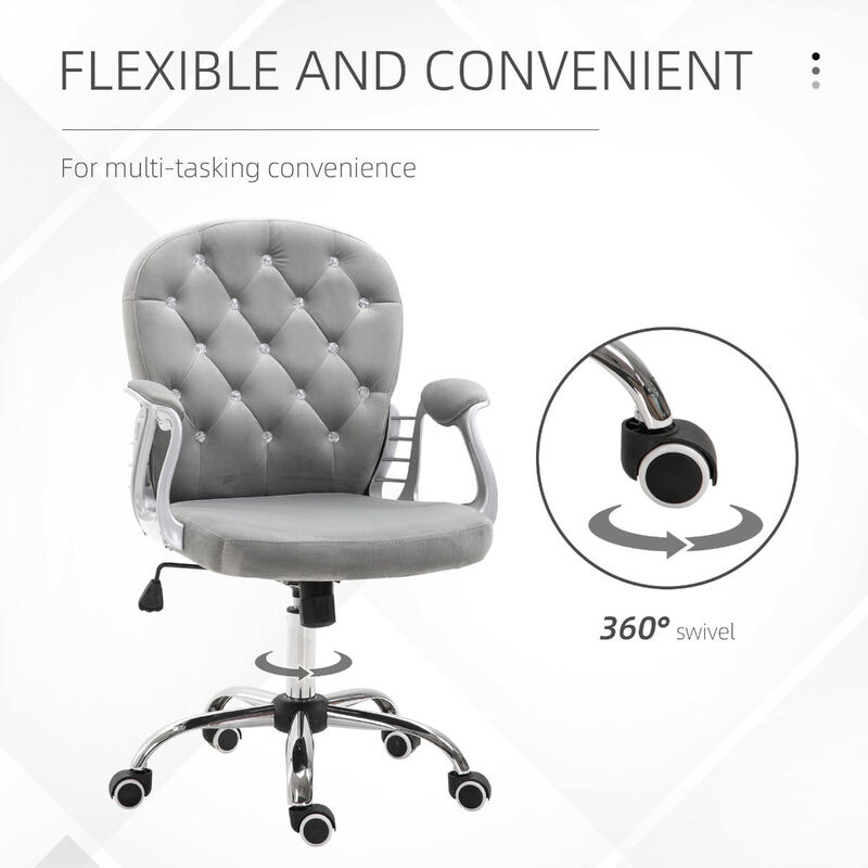 Grey Swivel Chair with Faux Diamond - Elegant and adjustable office chair with tufted backrest and faux diamond accents.