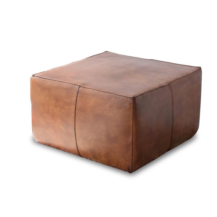 Ashcroft Furniture Co Mallory Mid-Century Square Genuine Leather Upholstered Ottoman in Tan