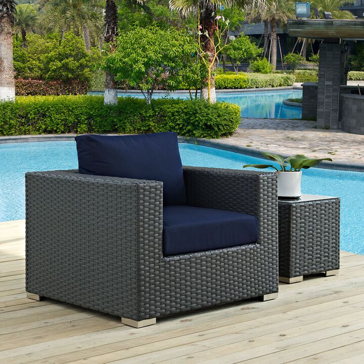 Modway Sojourn Wicker Rattan Outdoor Patio Sunbrella Fabric Armchair in Canvas Navy