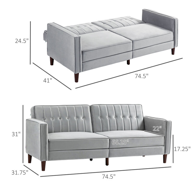 HOMCOM Convertible Sofa Bed, Sleeper Futon with Split Back Recline, Thick Padded Velvet-Touch Cushion Seating and Wood Legs, Light Gray