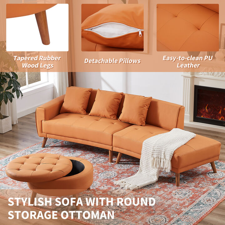 107" Contemporary Sofa Stylish Sofa Couch with a Round Storage Ottoman and Three Removable Pillows for Living Room, Orange