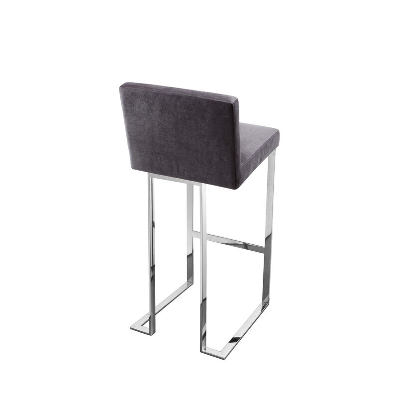 Boly 30 Inch Barstool Chair, Gray Velvet, Foam Cushions, Chrome Steel - Benzara