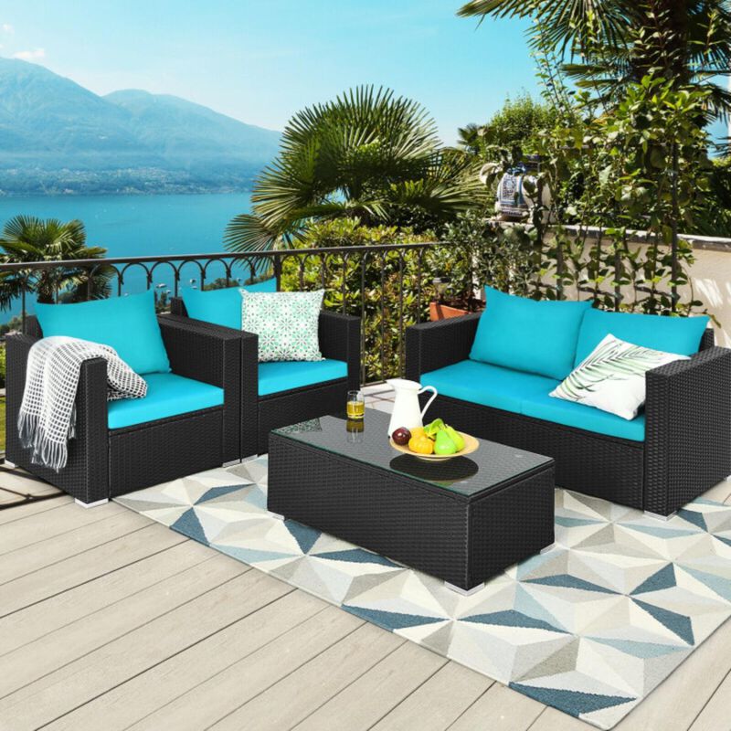 Hivvago 4 Pieces Patio Rattan Conversation Set with Padded Cushion