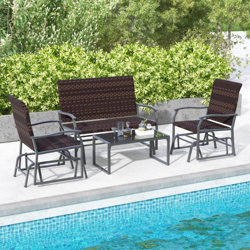 Hivvago 4 Piece Patio Gliding Set Wicker Swing Glider Furniture Set All Weather with Tempered Glass Coffee Table