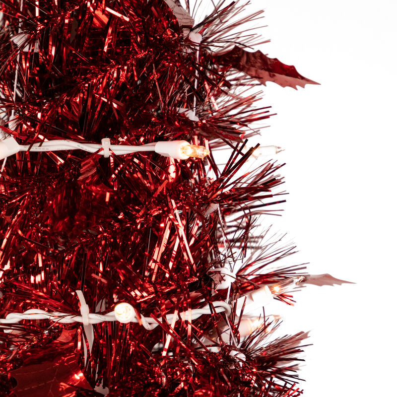 4' Pre-Lit Red Pop-Up Tinsel Christmas Tree  Clear Lights