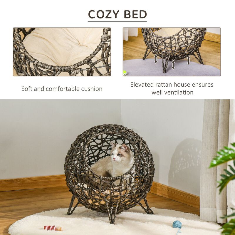 Golden Maroon Pet Bed: Elevated Wicker Cat Bed with Cushion