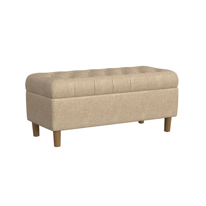 Sol Storage Bench Ottoman, Light Tan Woven Fabric, Brown Wood, 40 Inch