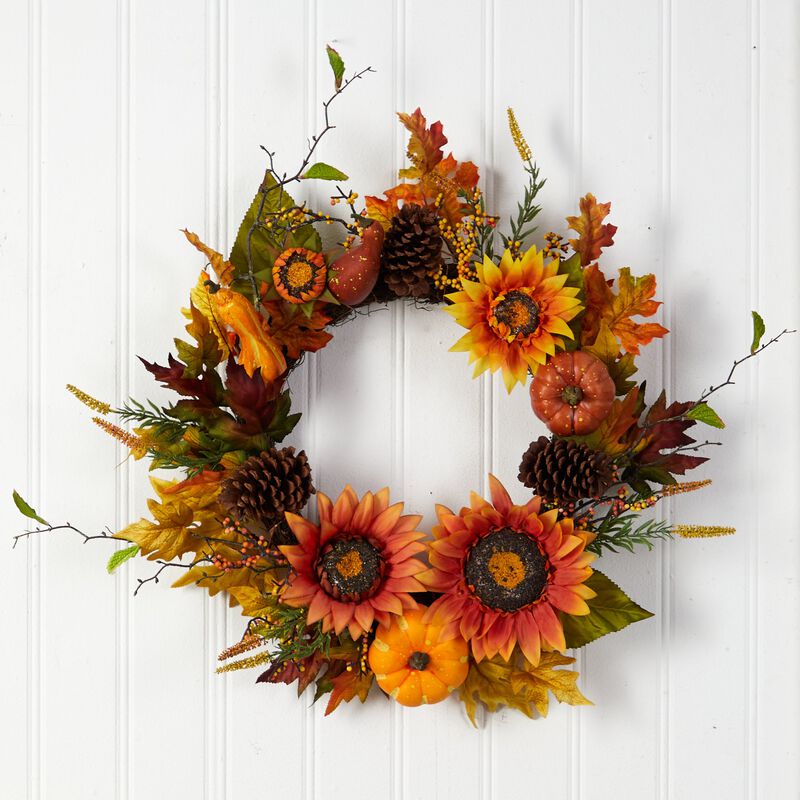 HomPlanti 24" Fall Sunflower, Pumpkin, Gourds, Pinecone and Berries Autumn Artificial Wreath