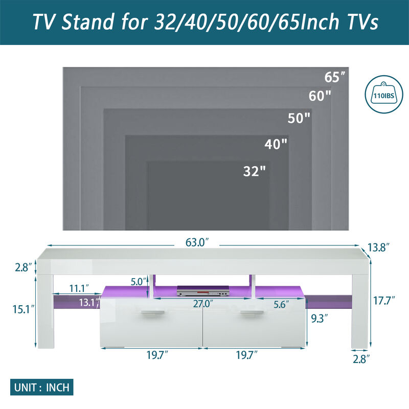 Hivvago Easy Assembly High Glossy Front TV Stand with Storage Drawers and LED Light