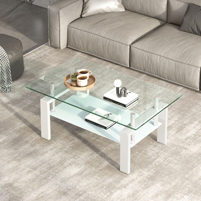 Tempered Clear Glass Coffee Table, 2Layers Coffee Table Living Room Center Table