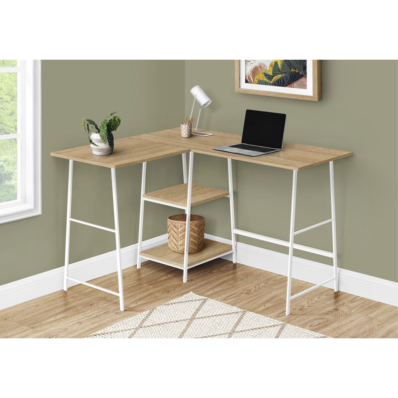 Monarch Specialties I 7597 Computer Desk, Home Office, Corner, Storage Shelves, 48"L, L Shape, Work, Laptop, Metal, Laminate, Natural, White, Contemporary, Modern