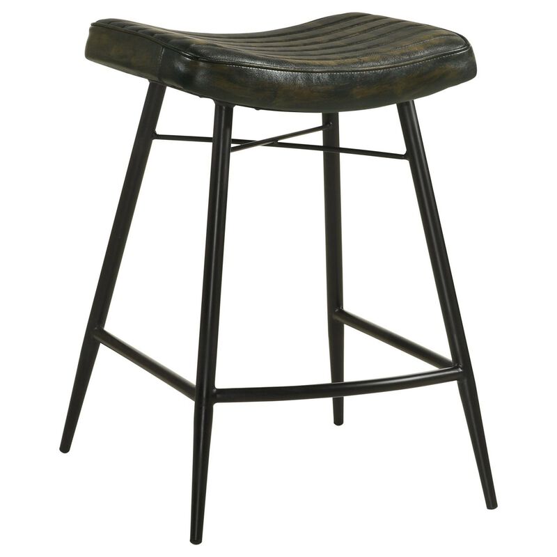 Vini 25 Inch Counter Stool Set of 2, Curved Leather Seat, Tufted Black - Benzara