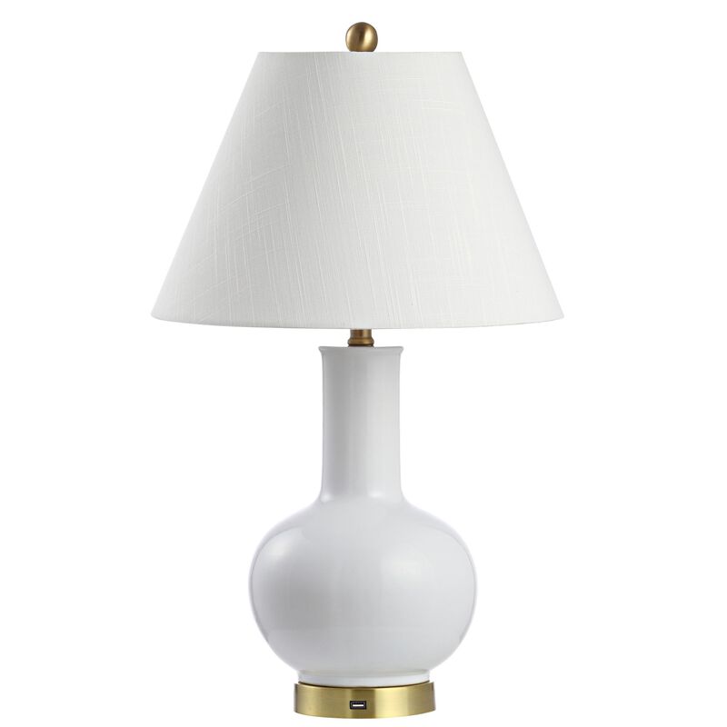 Han 27" Ceramic/Iron Contemporary USB Charging LED Table Lamp, White/Brass Gold