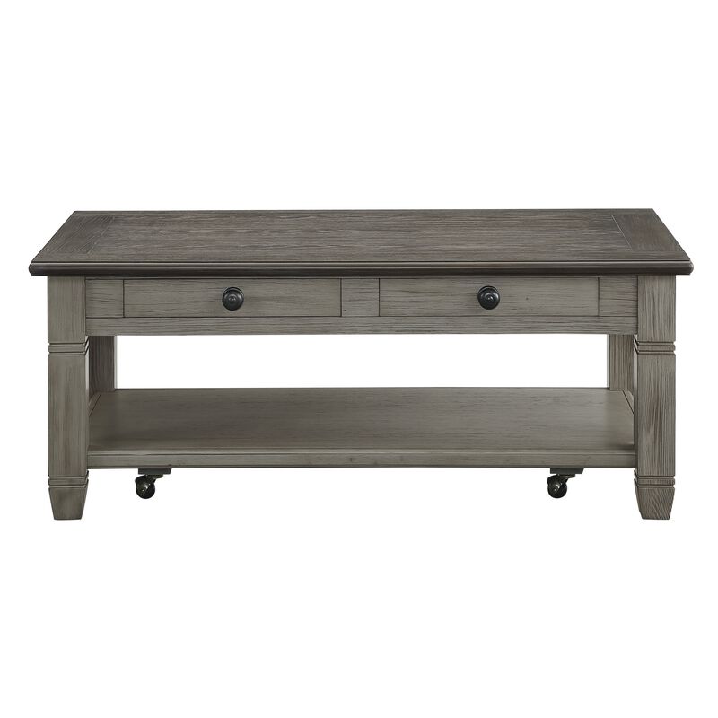 Rome 48 Inch Cocktail Table, 2 Drawers, Casters, Brown and Gray Solid Wood - Benzara