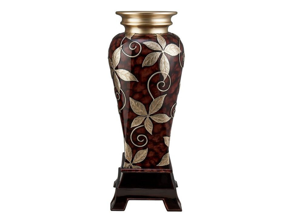 Decor Vase with Urn Shape Body and Foliage Pattern, Brown - Benzara