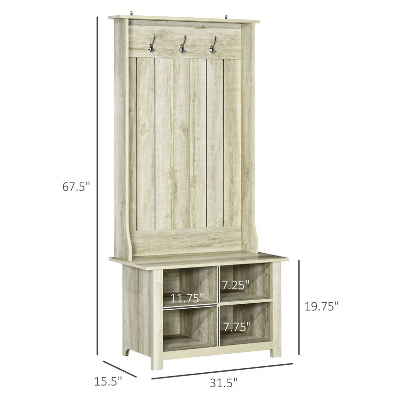 Classic Hall Tree, Accent Coat Tree with Shoe Storage Bench, Adjustable Shelves, 31.5" x 15.5" x 67.5", White