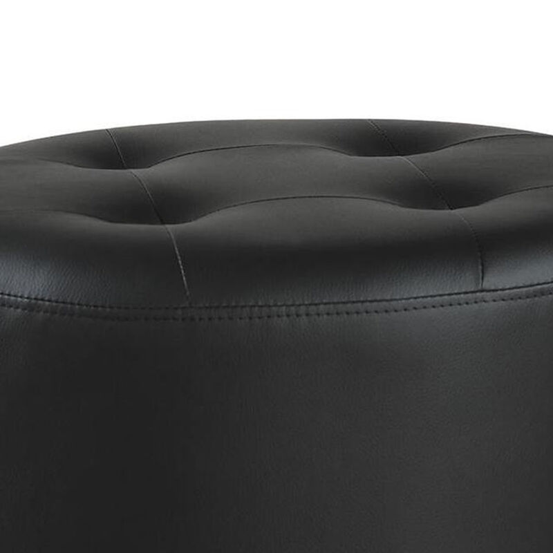 Round Leatherette Swivel Ottoman with Tufted Seat, Black-Benzara