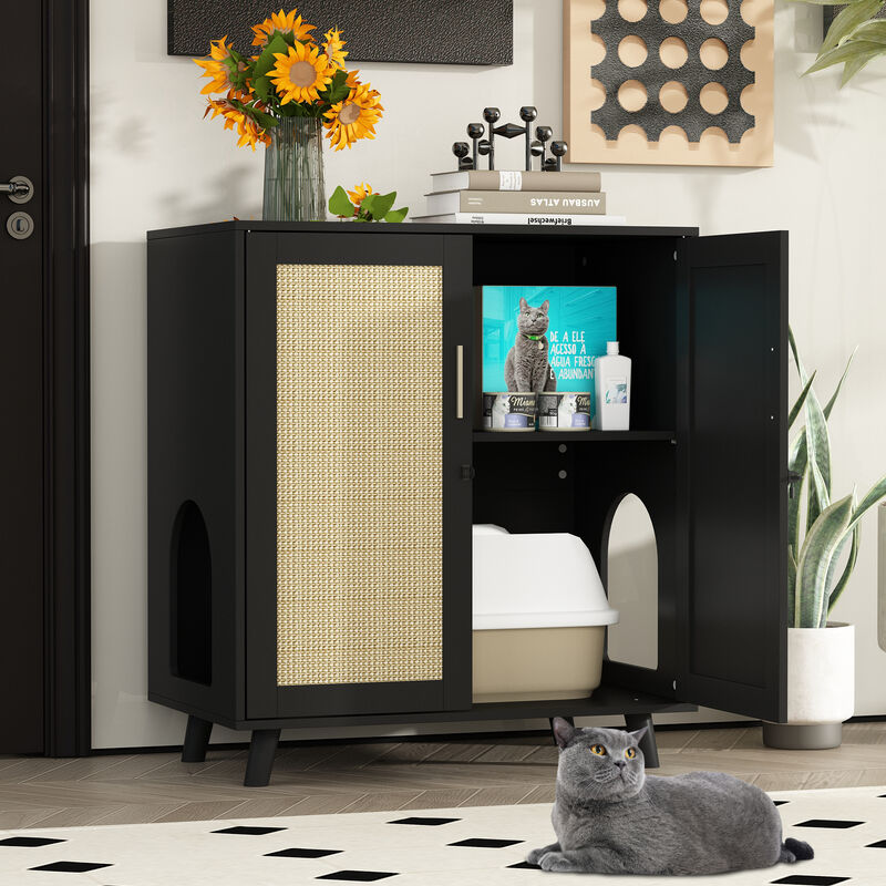 Modern Cat Litter Box Enclosure for Rooms, Black Hidden Litter Box Furniture Cat Washroom Storage with Lock Sisal Door