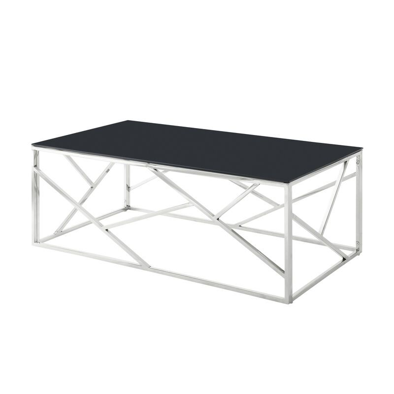 Rectangular Black Glass Coffee Table with Stainless Steel Frame