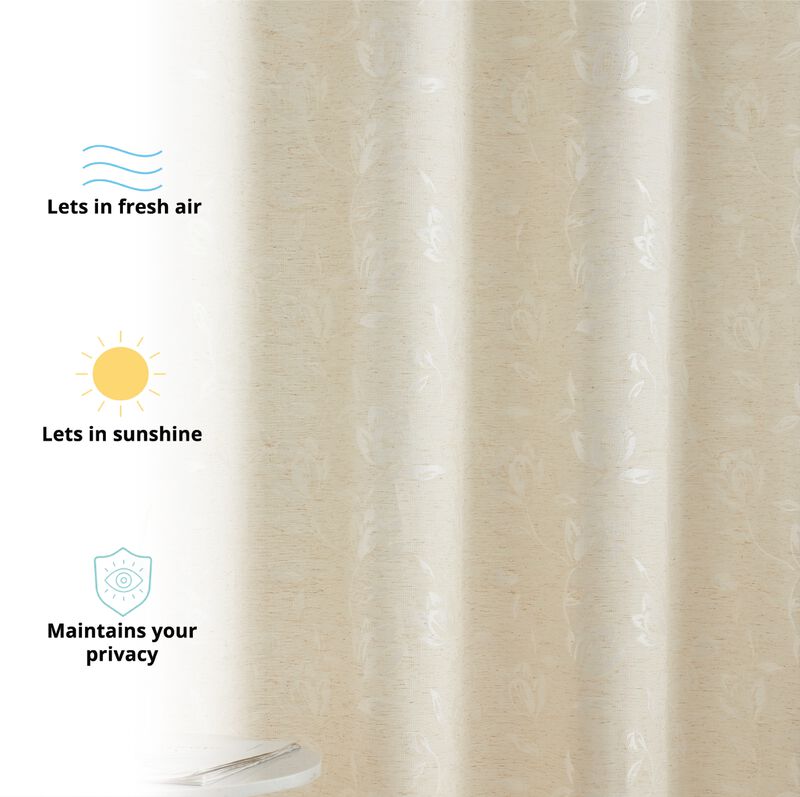 THD Zoey Burlap Flax Linen Floral Jacquard Privacy Light Filtering Transparent Window Grommet Long Thick Curtains Drapery Panels for Bedroom & Living Room, Set