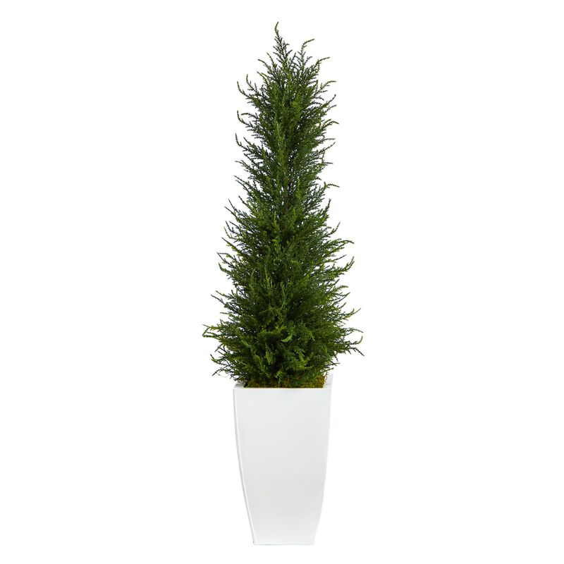 HomPlanti 3.5" Cypress Artificial Tree in White Metal Planter UV Resistant (Indoor/Outdoor)