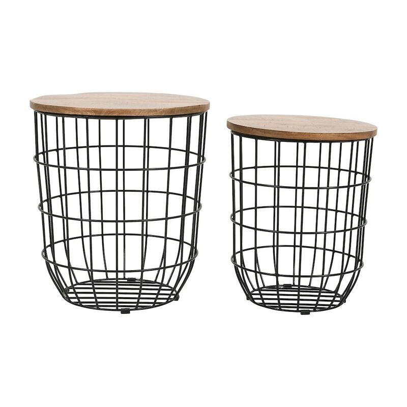 Jofran Global Archive Nested Storage Solid Wood and Metal Basket End Tables (Set of 2)