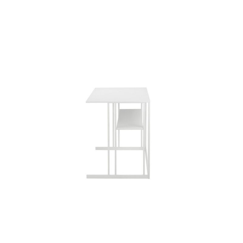 Femi 47 Inch Office Desk with Shelf, Open Steel Base, Modern White Finish - Benzara