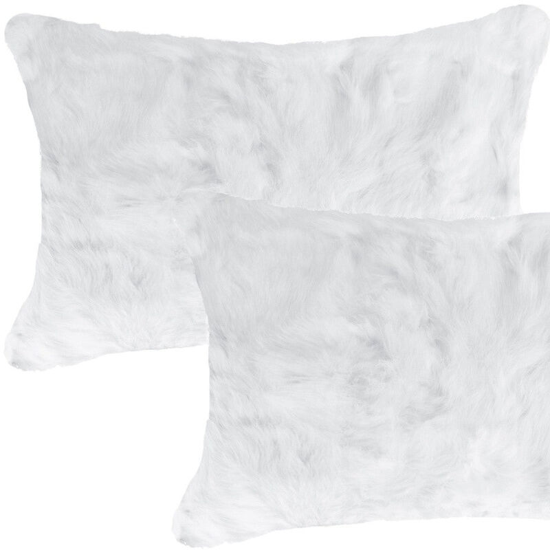 Homezia Set Of Two 12" X 20" White Rabbit Natural Fur Throw Pillows