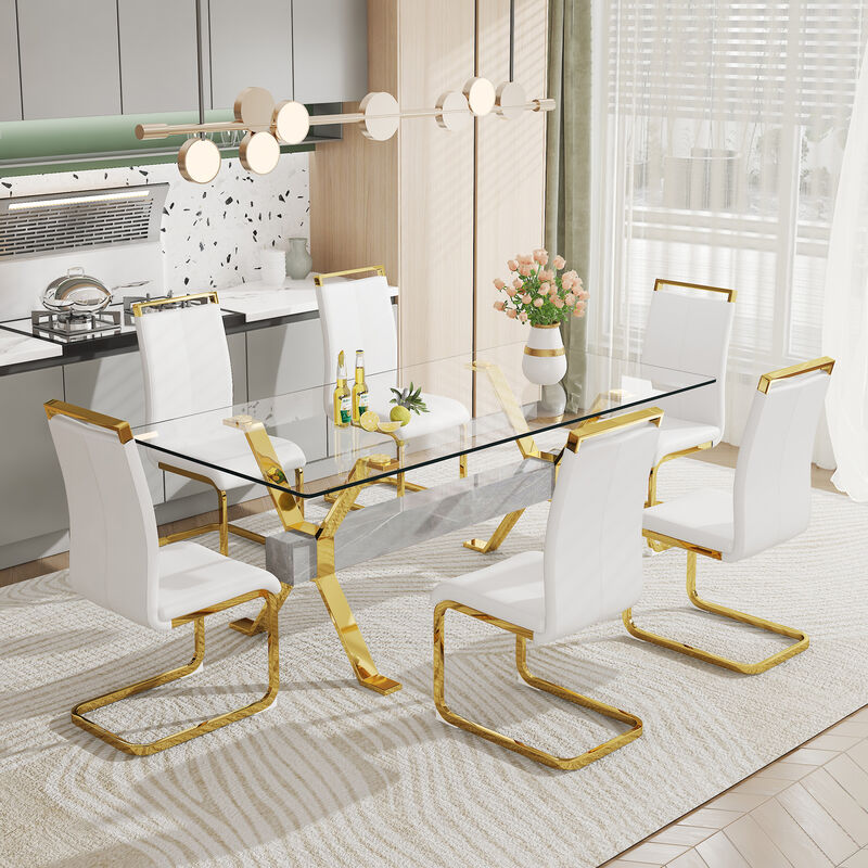 Hivvago Modern Luxury Tempered Glass Table and Gold Plated Dining Chair Set 6 Seater