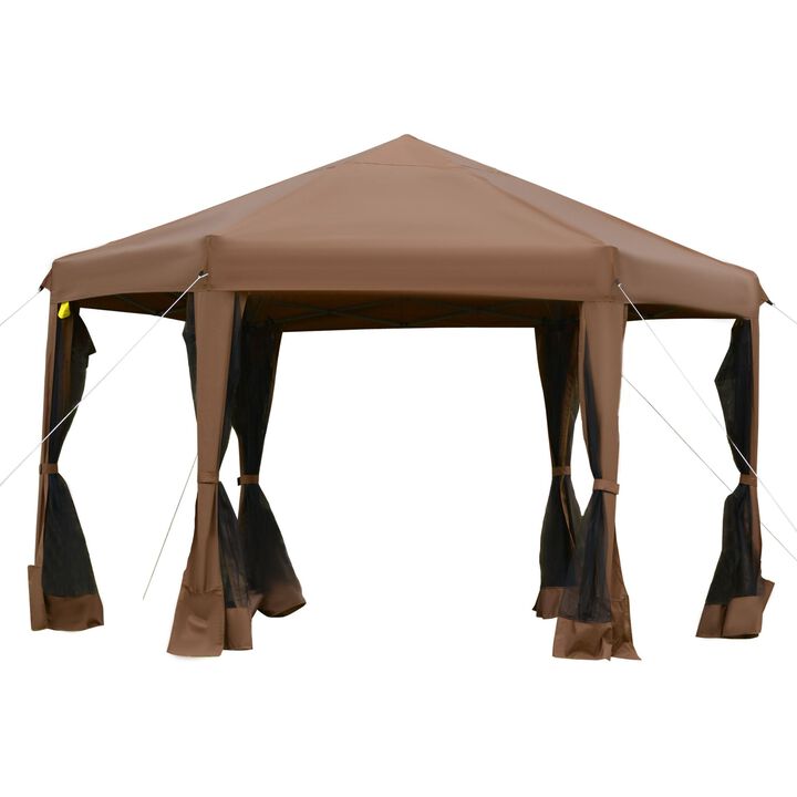 13' x 13' Heavy Duty Pop Up Canopy with Hexagonal Shape, 6 Mesh Sidewall Netting, 3-Level Adjustable Height and Strong Steel Frame, Brown